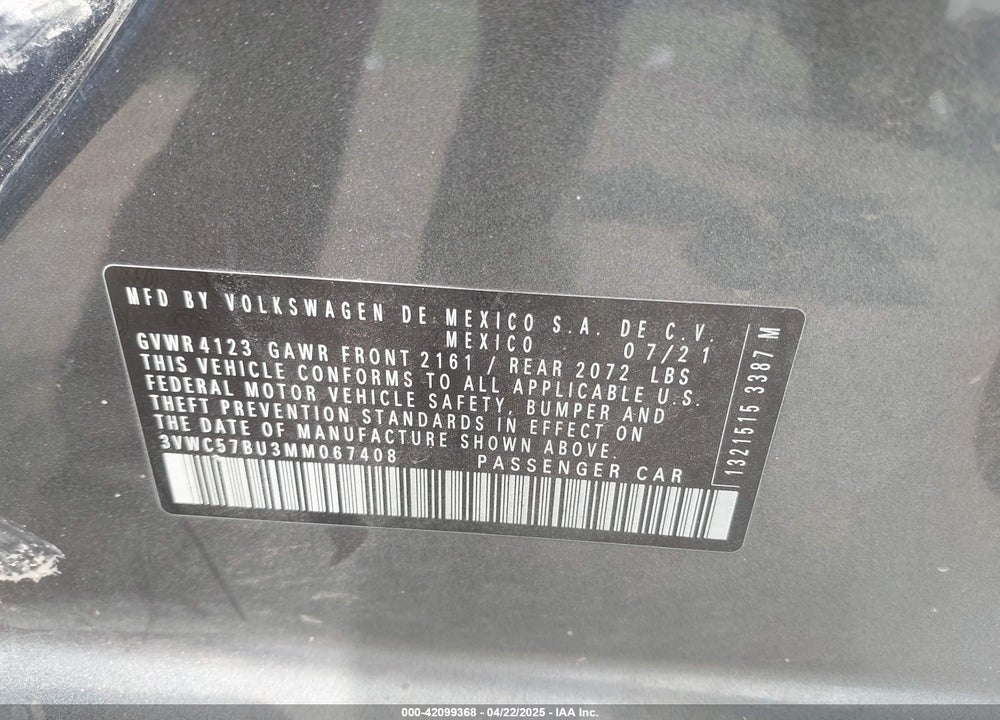 2021 VOLKSWAGEN JETTA VIN: 3VWC57BU3MM067408