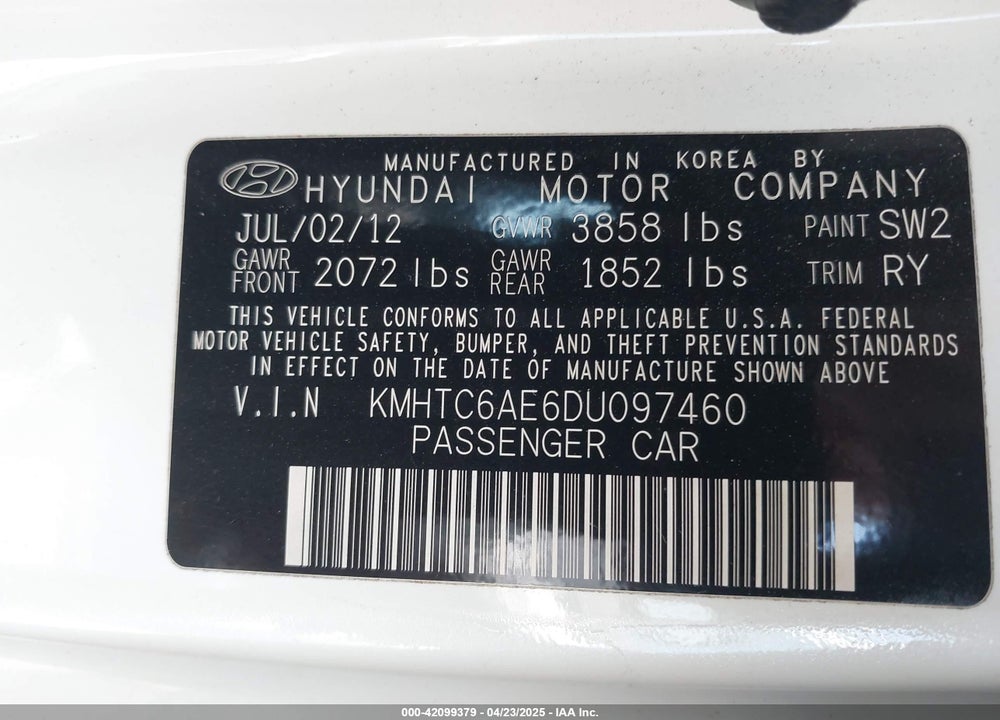 2013 HYUNDAI VELOSTER VIN: KMHTC6AE6DU097460