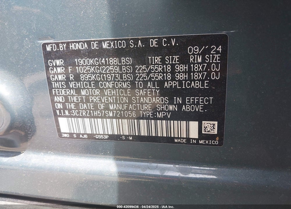 2025 HONDA HR-V VIN: 3CZRZ1H57SM721056