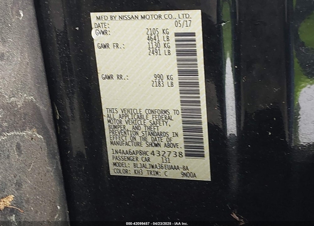 2017 NISSAN MAXIMA VIN: 1N4AA6AP8HC432738