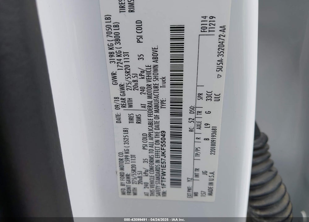 2018 FORD F-150 VIN: 1FTFW1E57JKF55049