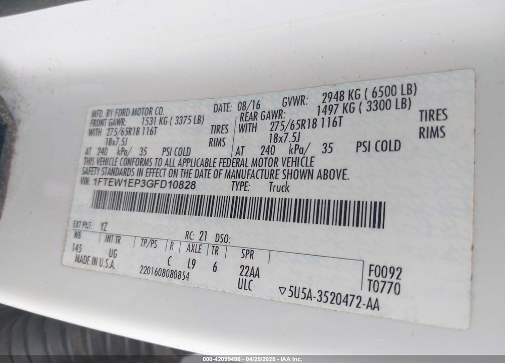 2016 FORD F150 VIN: 1FTEW1EP3GFD10828