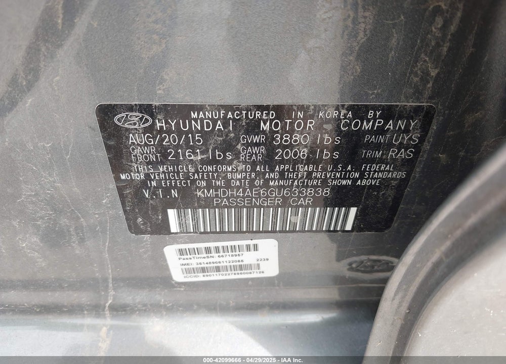 2016 HYUNDAI ELANTRA SE VIN: KMHDH4AE6GU633838
