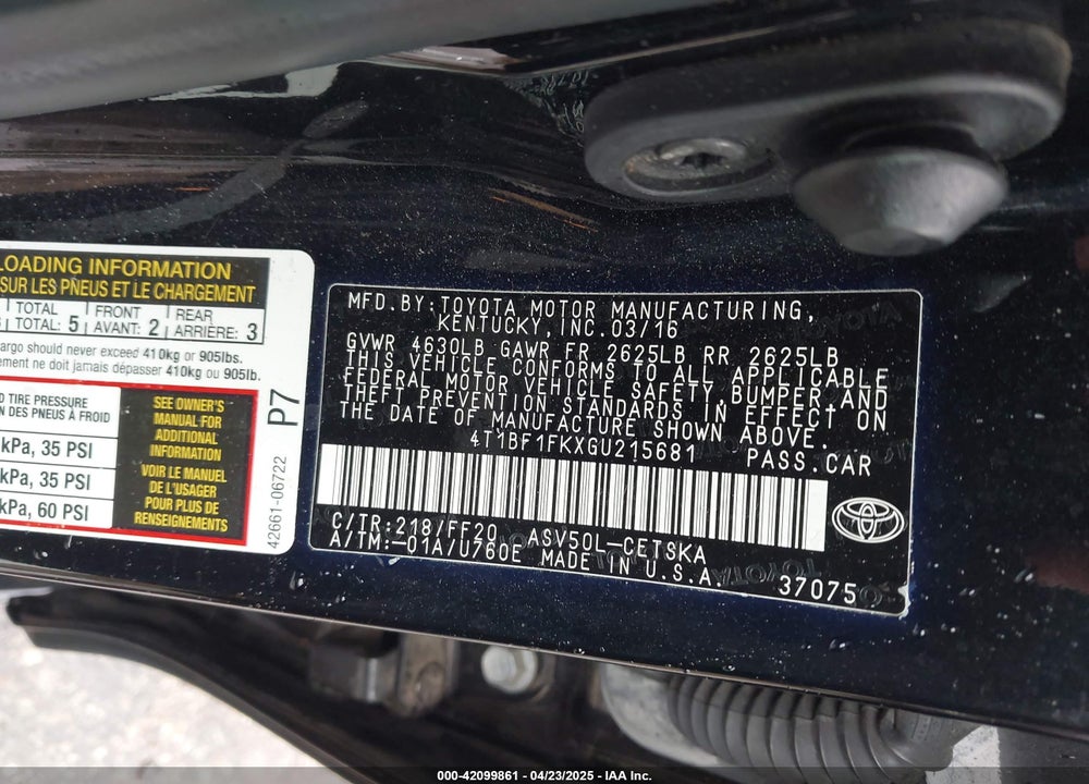 2016 TOYOTA CAMRY SE VIN: 4T1BF1FKXGU215681