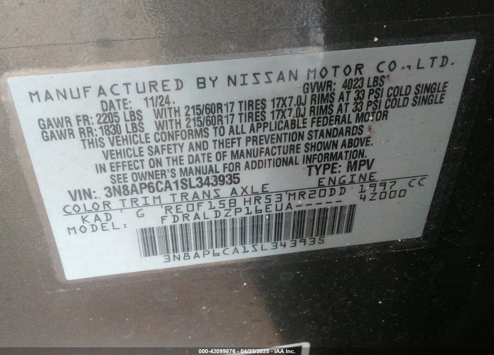 2025 NISSAN KICKS VIN: 3N8AP6CA1SL343935