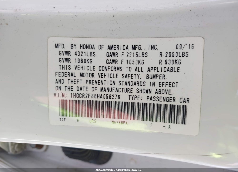 2017 HONDA ACCORD VIN: 1HGCR2F86HA058276