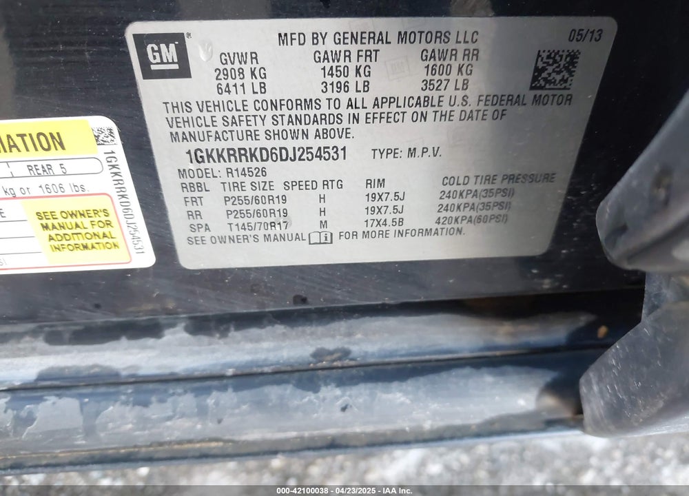 2013 GMC ACADIA VIN: 1GKKRRKD6DJ254531