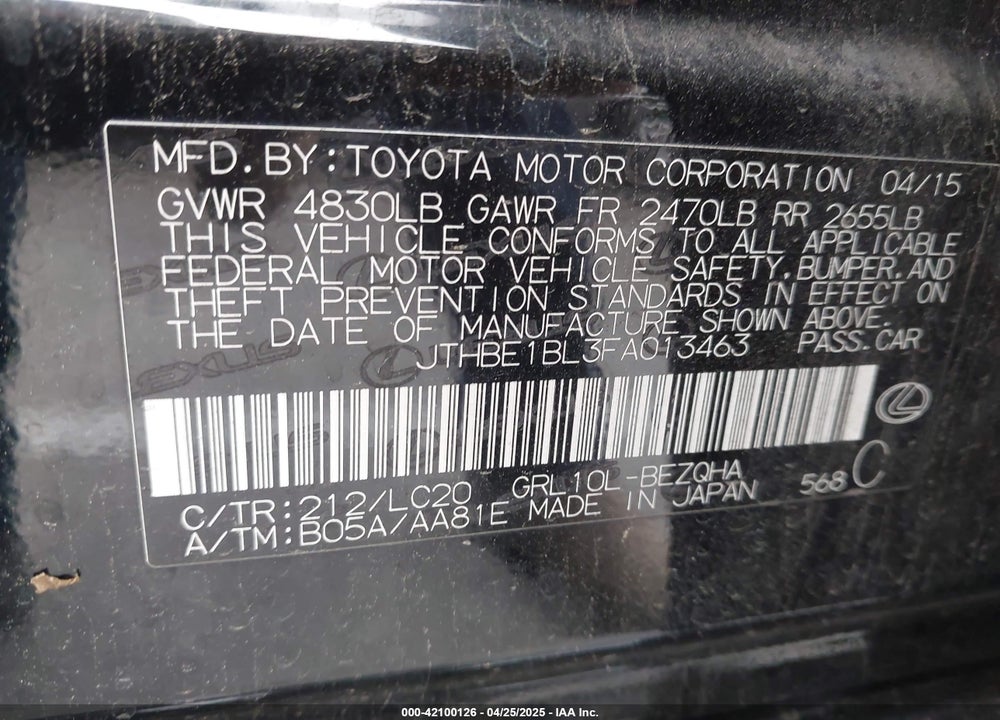 2015 LEXUS GS 350 VIN: JTHBE1BL3FA013463