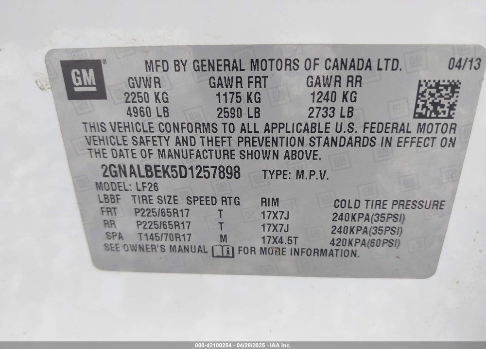 2013 CHEVROLET EQUINOX VIN: 2GNALBEK5D1257898