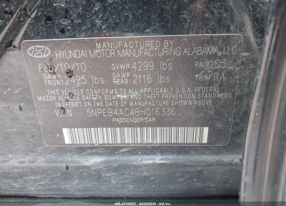 2011 HYUNDAI SONATA GLS VIN: 5NPEB4AC4BH016336