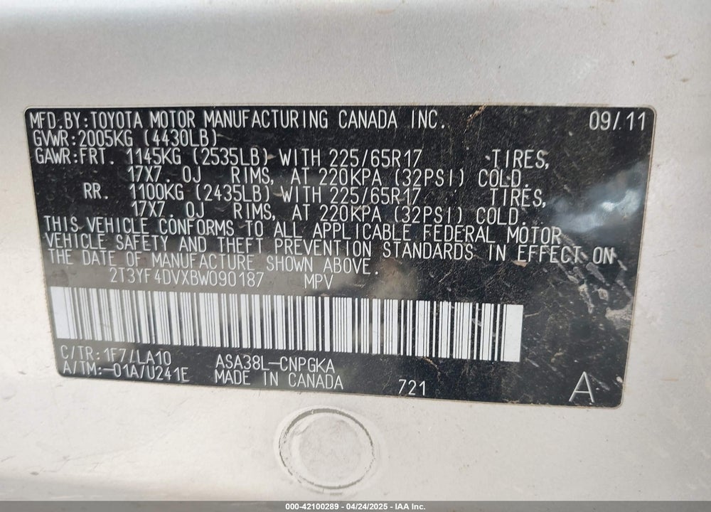 2011 TOYOTA RAV4 LIMITED VIN: 2T3YF4DVXBW090187
