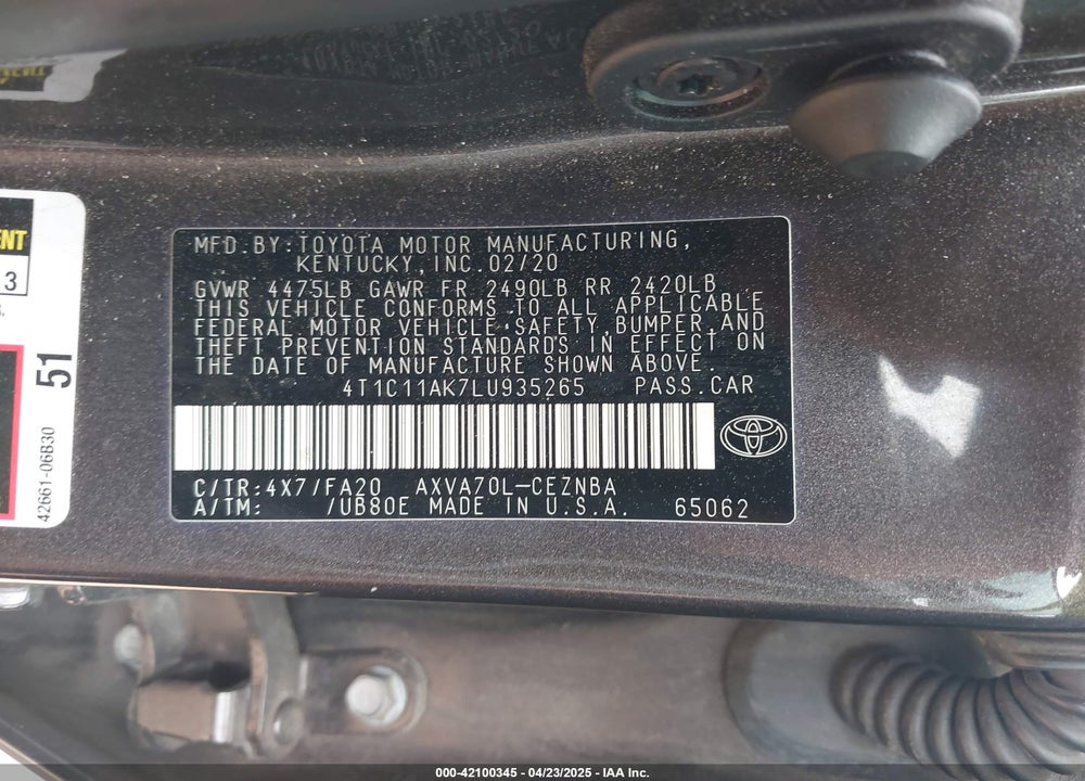 2020 TOYOTA CAMRY VIN: 4T1C11AK7LU935265