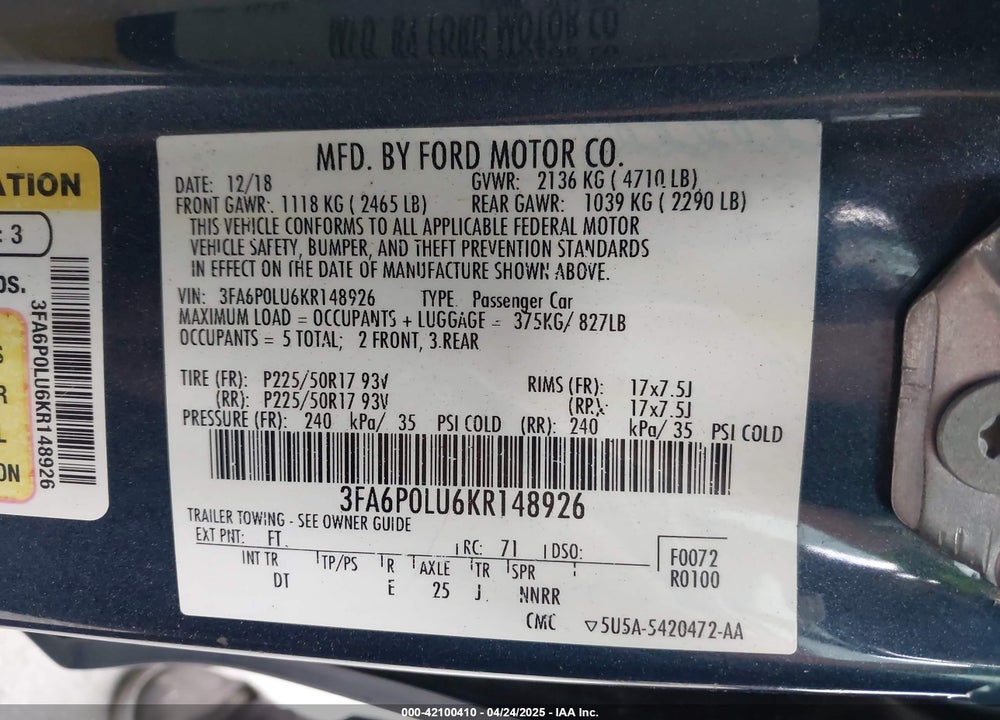 2019 FORD FUSION HYBRID VIN: 3FA6P0LU6KR148926