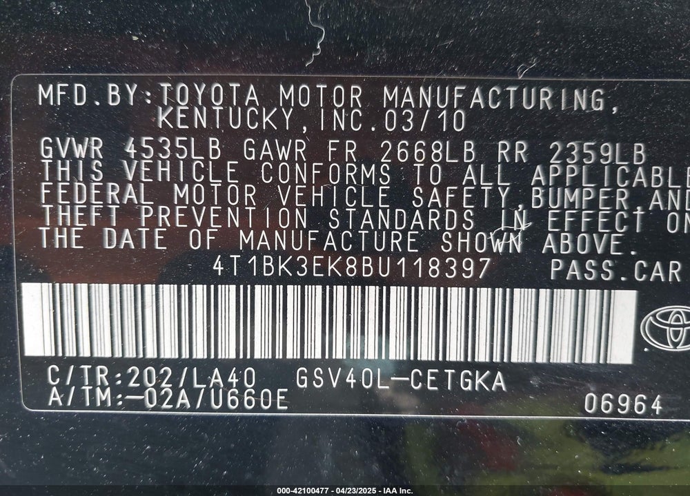 2011 TOYOTA CAMRY XLE V6 VIN: 4T1BK3EK8BU118397