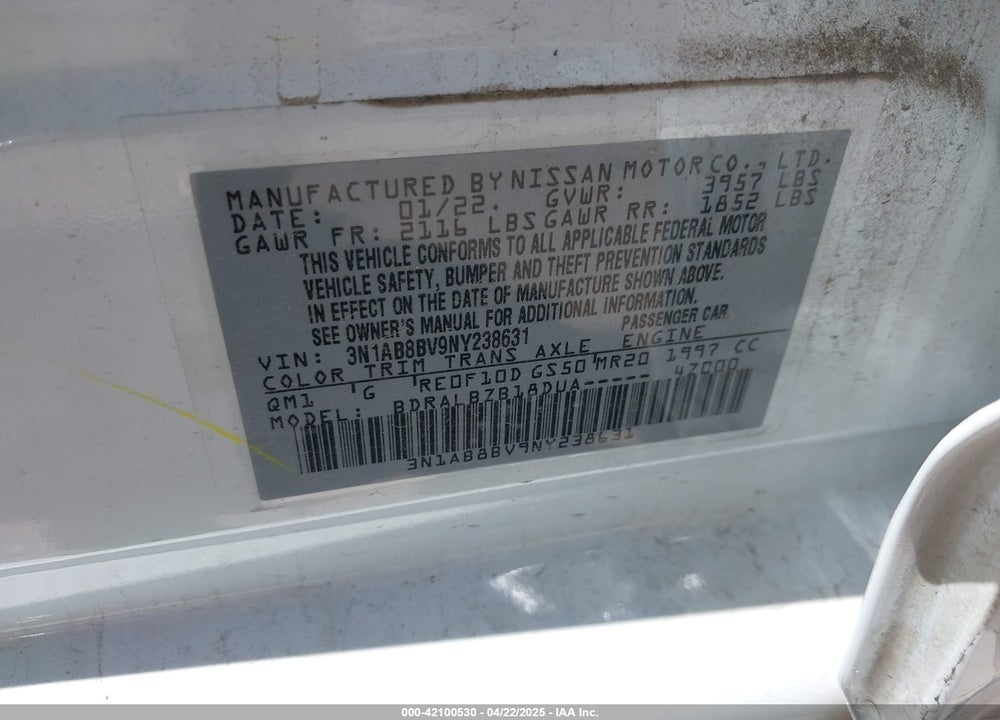 2022 NISSAN SENTRA S XTRONIC CVT VIN: 3N1AB8BV9NY238631