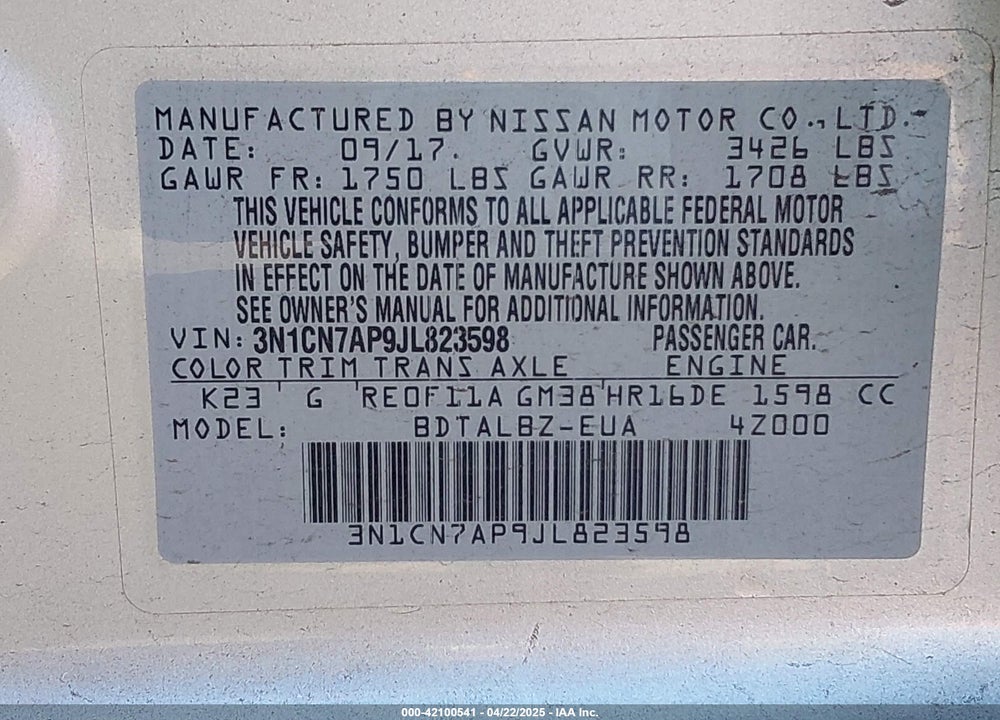 2018 NISSAN VERSA 1.6 SV VIN: 3N1CN7AP9JL823598