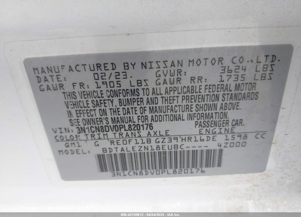 2023 NISSAN VERSA VIN: 3N1CN8DV0PL820176