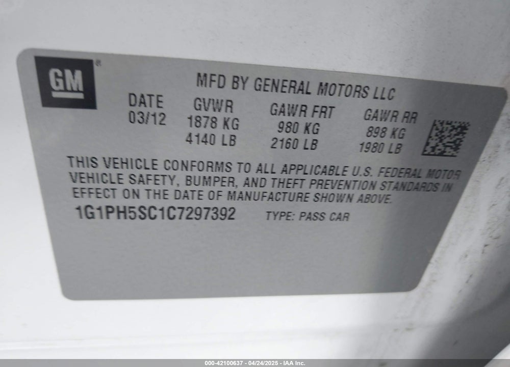 2012 CHEVROLET CRUZE VIN: 1G1PH5SC1C7297392