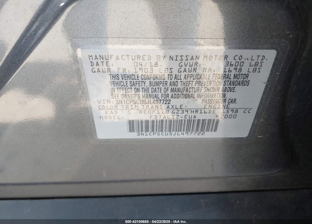 2018 NISSAN KICKS VIN: 3N1CP5CU5JL497722