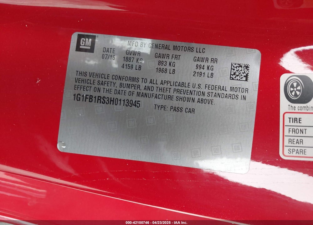 2017 CHEVROLET CAMARO 1LT VIN: 1G1FB1RS3H0113945