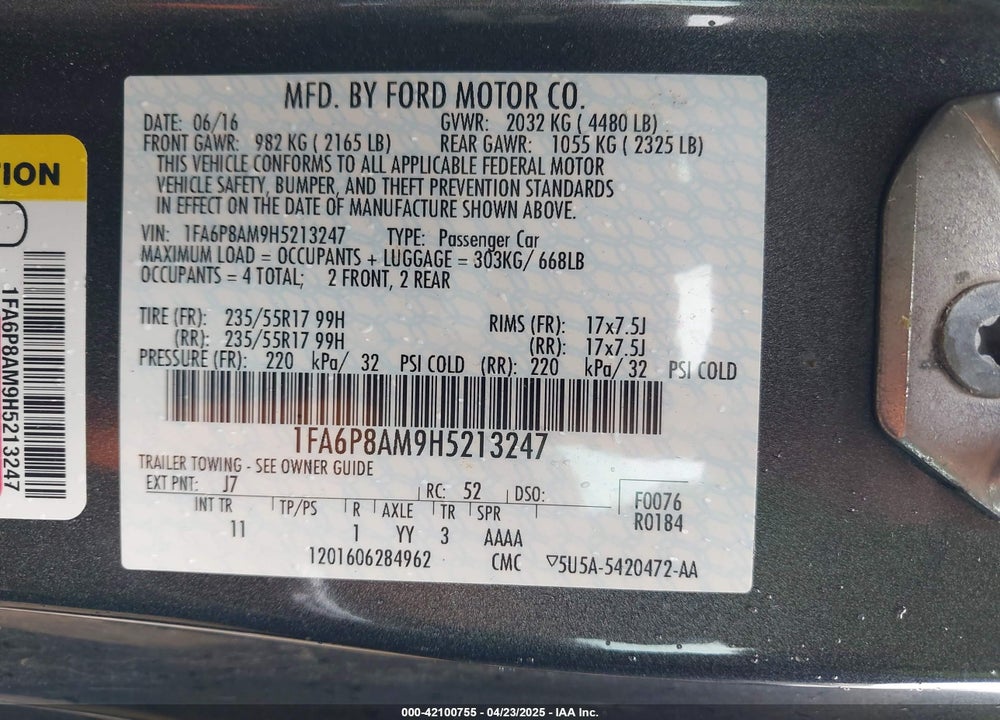 2017 FORD MUSTANG V6 VIN: 1FA6P8AM9H5213247