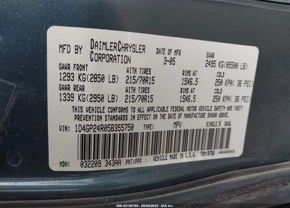 2005 DODGE GRAND CARAVAN SE VIN: 1D4GP24R05B355750