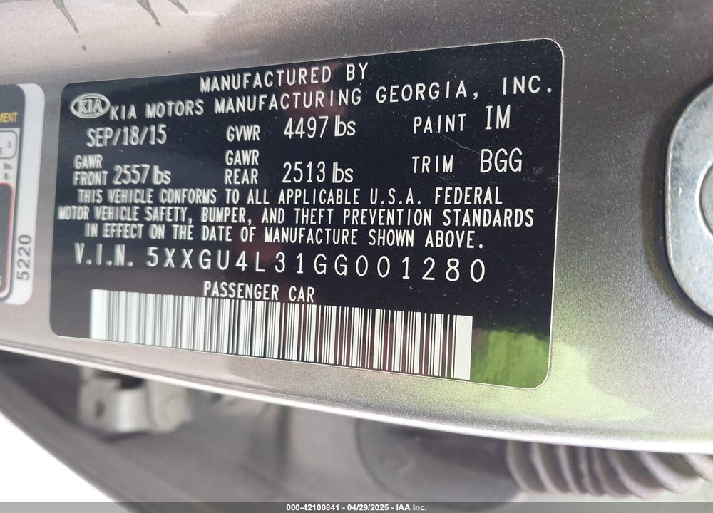 2016 KIA OPTIMA VIN: 5XXGU4L31GG001280