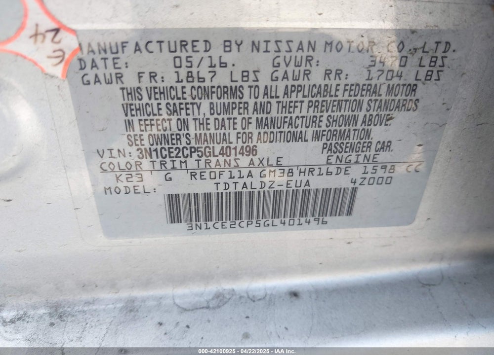 2016 NISSAN VERSA NOTE S (SR)/S PLUS/SL/SR/SV VIN: 3N1CE2CP5GL401496