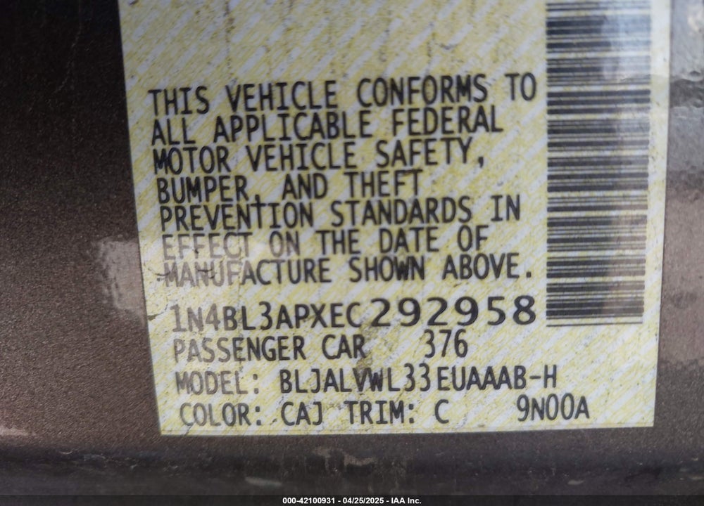 2014 NISSAN ALTIMA VIN: 1N4BL3APXEC292958
