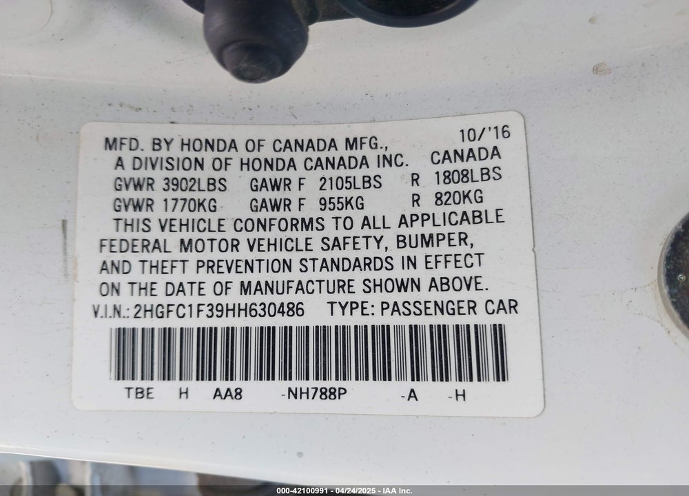2017 HONDA CIVIC EX-T VIN: 2HGFC1F39HH630486