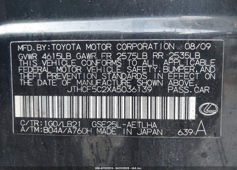 2010 LEXUS IS250 VIN: JTHCF5C2XA5036139
