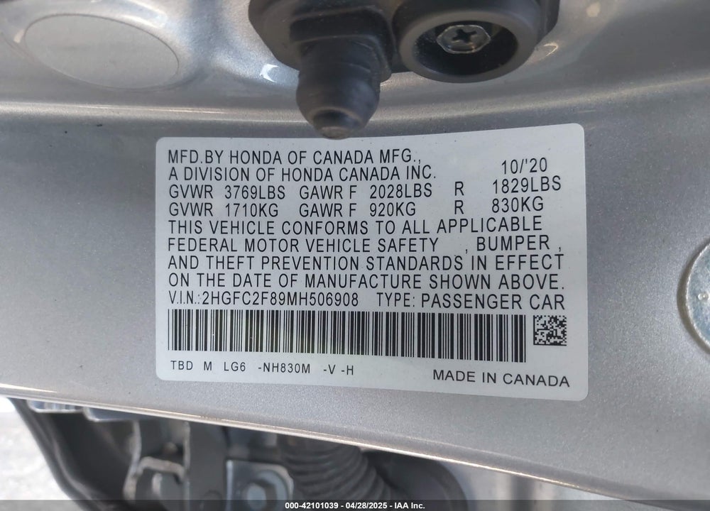 2021 HONDA CIVIC VIN: 2HGFC2F89MH506908