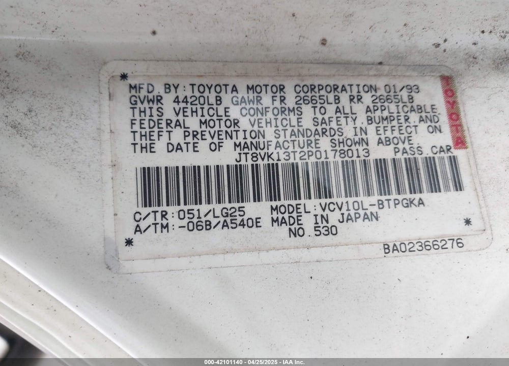 1993 LEXUS ES 300 VIN: JT8VK13T2P0178013