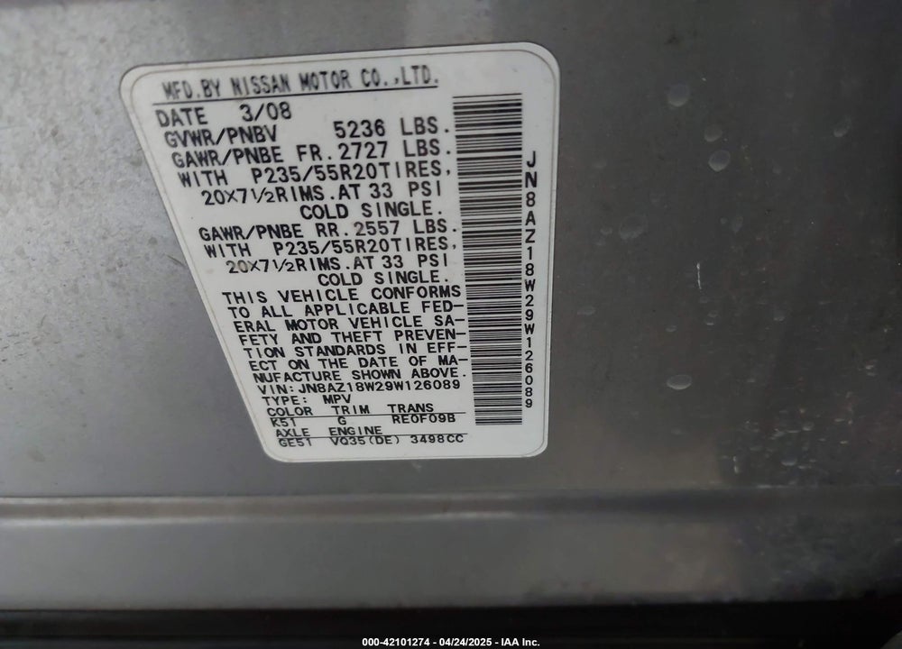2009 NISSAN MURANO VIN: JN8AZ18W29W126089