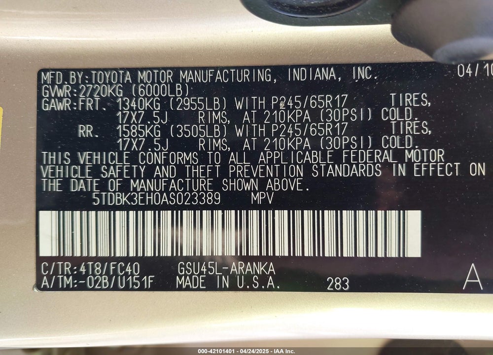 2010 TOYOTA HIGHLANDER VIN: 5TDBK3EH0AS023389