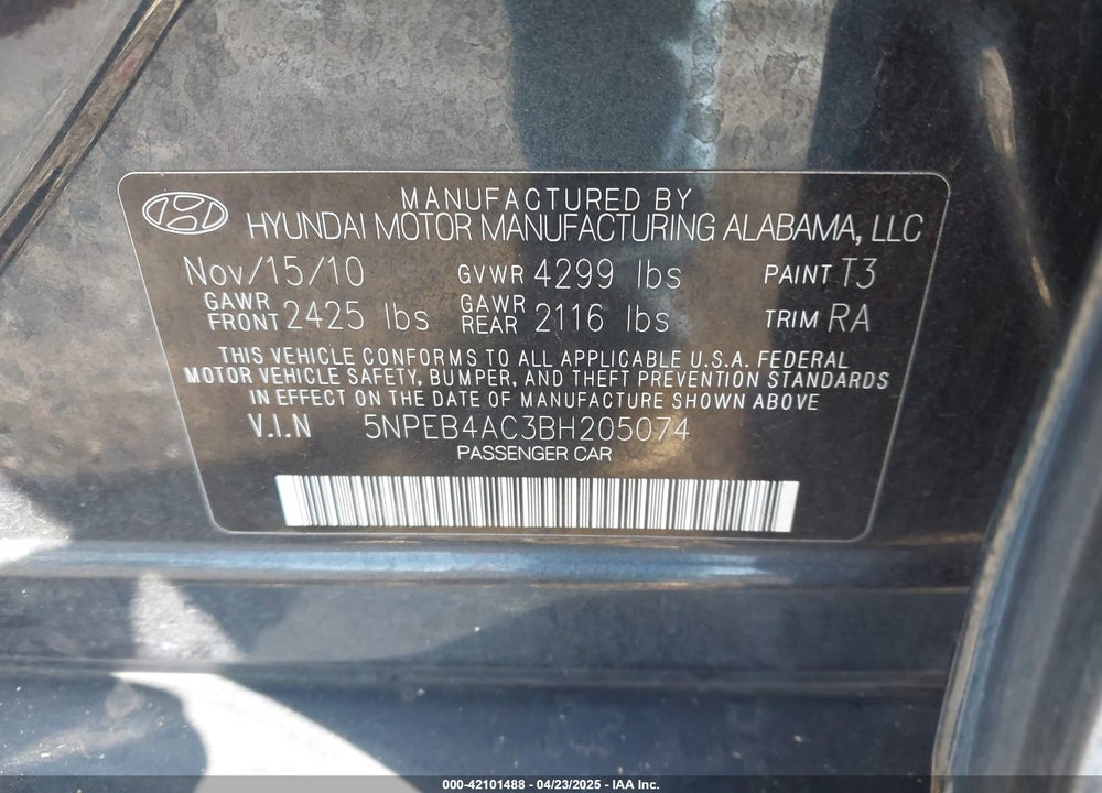 2011 HYUNDAI SONATA GLS VIN: 5NPEB4AC3BH205074