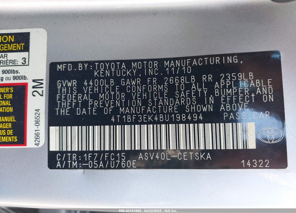 2011 TOYOTA CAMRY VIN: 4T1BF3EK4BU198494