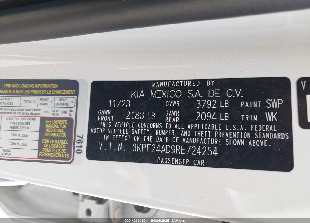 2024 KIA FORTE VIN: 3KPF24AD9RE724254
