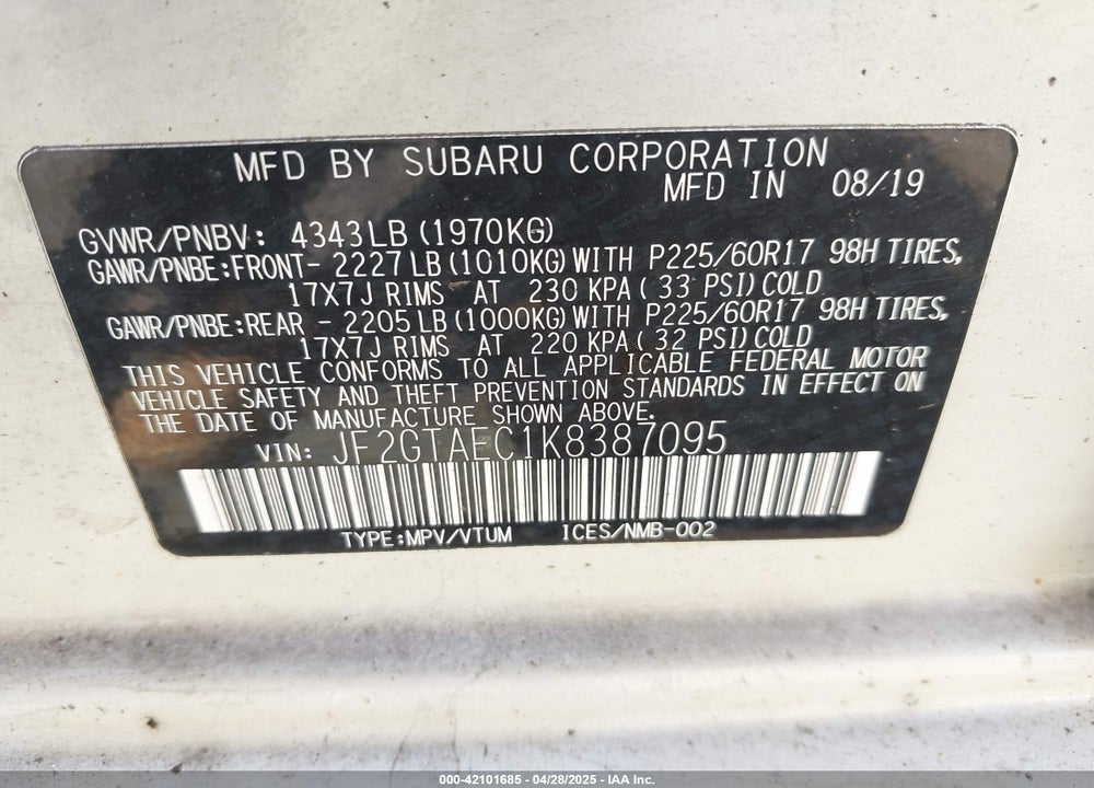 2019 SUBARU CROSSTREK 2.0I PREMIUM VIN: JF2GTAEC1K8387095