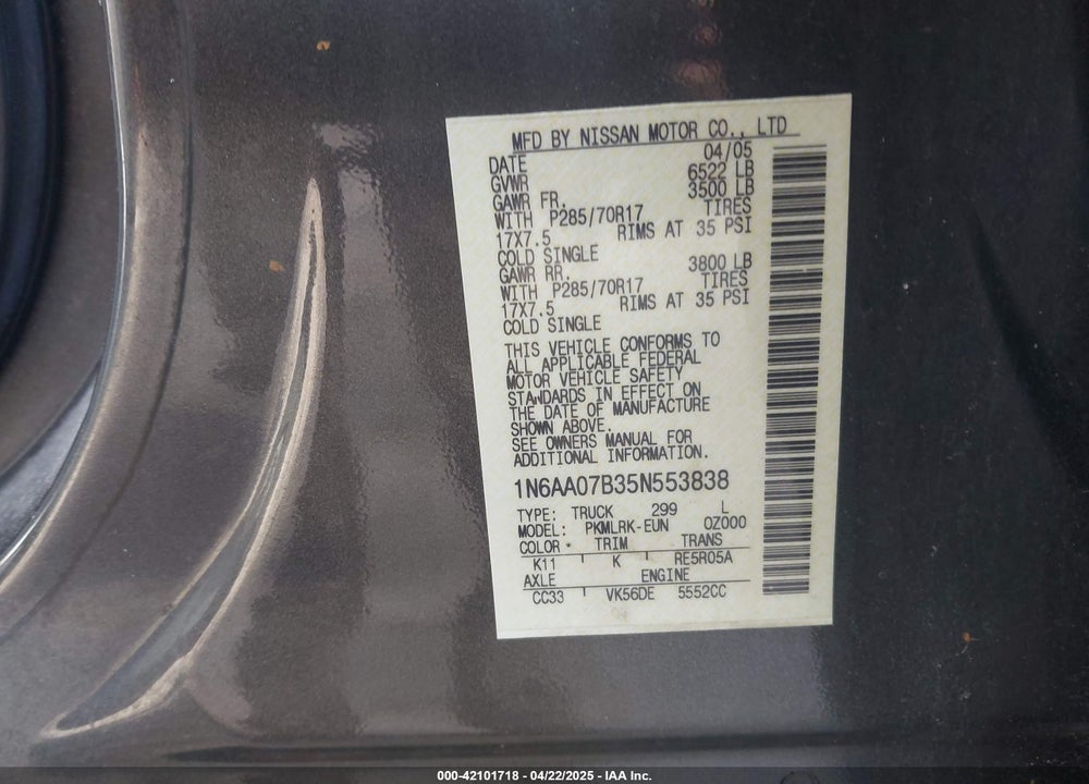 2005 NISSAN TITAN VIN: 1N6AA07B35N553838