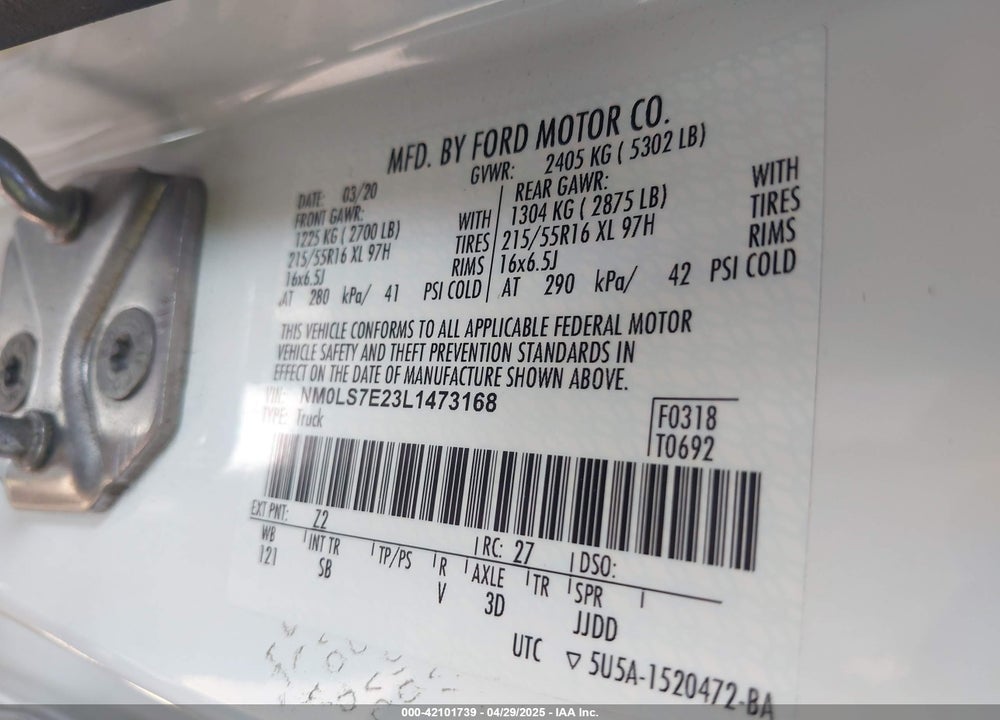 2020 FORD TRANSIT CONNECT XL CARGO VAN VIN: NM0LS7E23L1473168