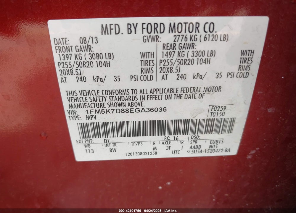 2014 FORD EXPLORER VIN: 1FM5K7D88EGA36036