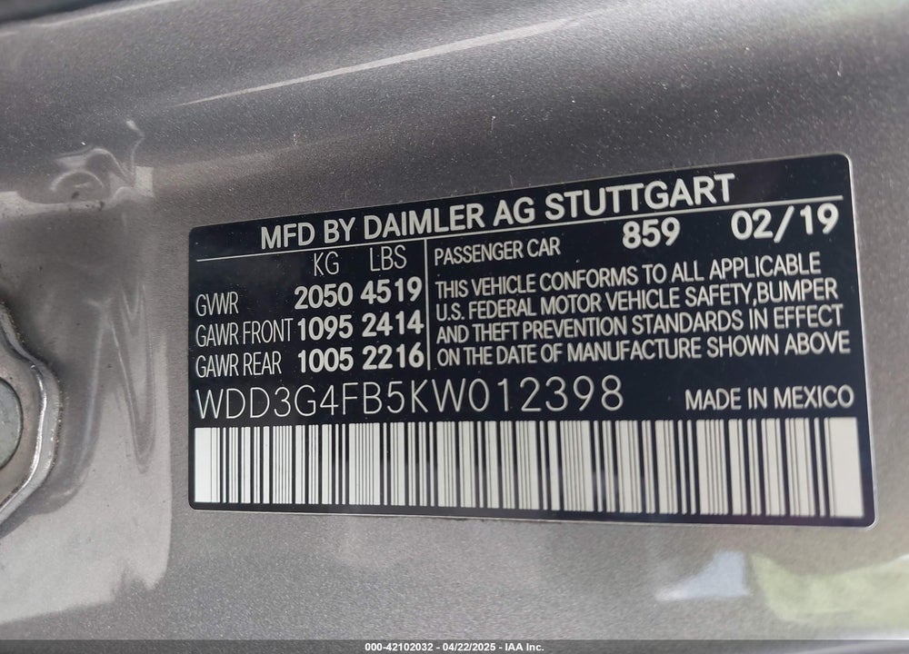 2019 MERCEDES-BENZ A 220 4MATIC VIN: WDD3G4FB5KW012398