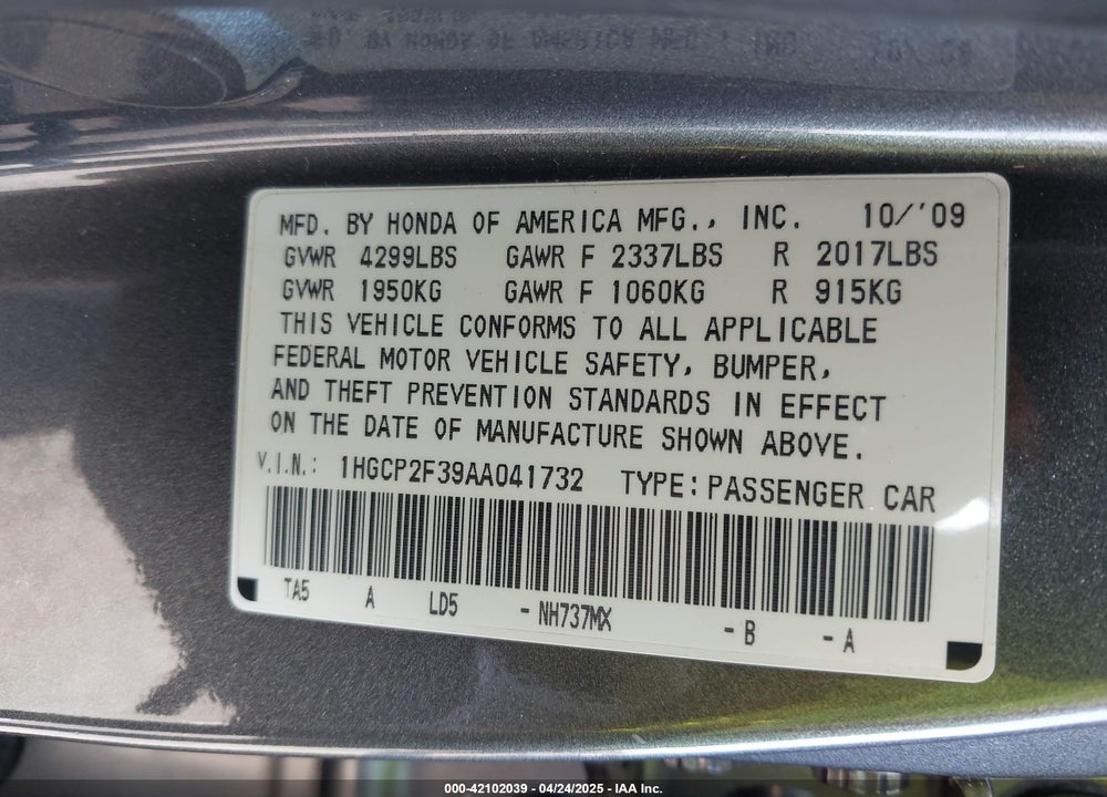 2010 HONDA ACCORD VIN: 1HGCP2F39AA041732