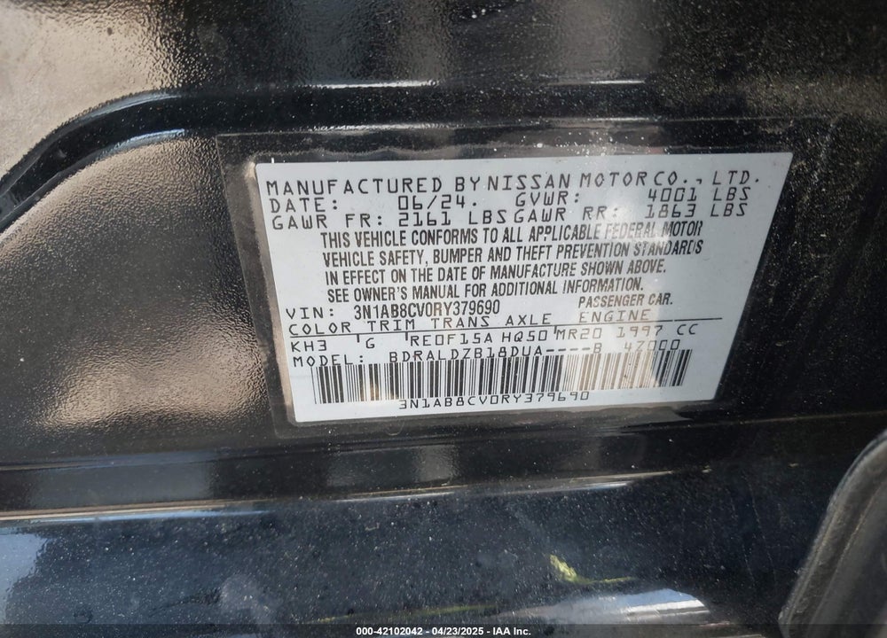 2024 NISSAN SENTRA SV XTRONIC CVT VIN: 3N1AB8CV0RY379690