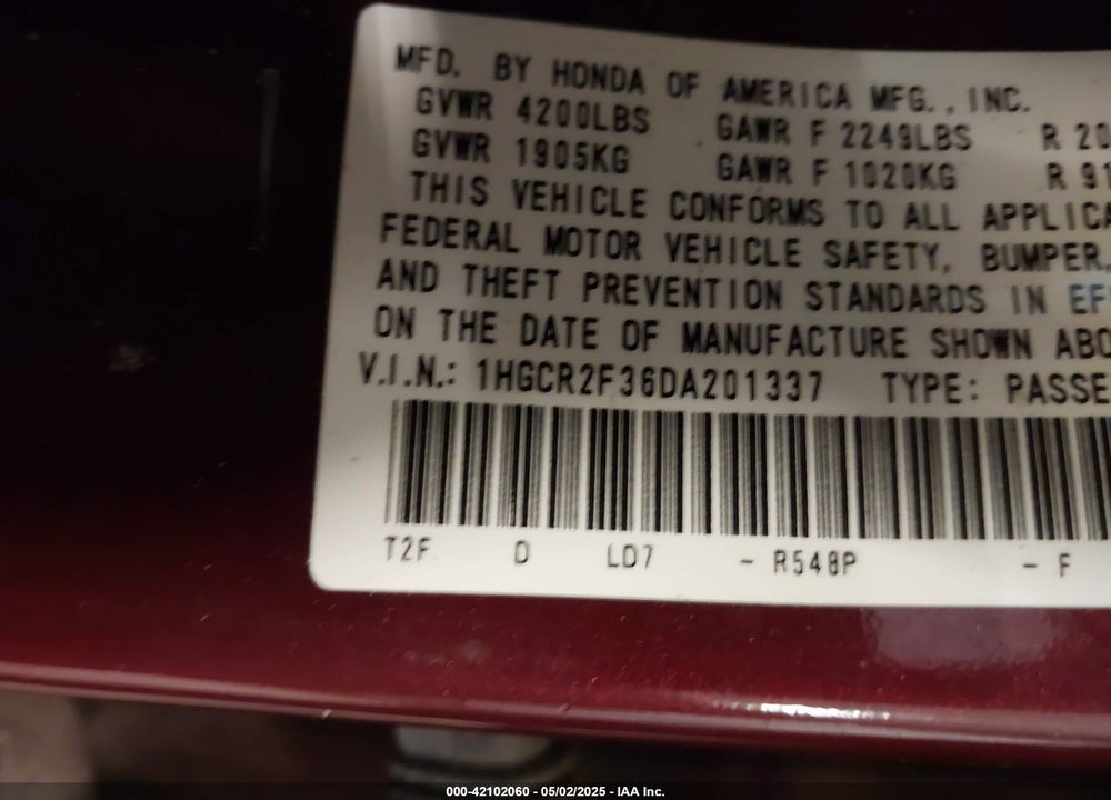 2013 HONDA ACCORD VIN: 1HGCR2F36DA201337