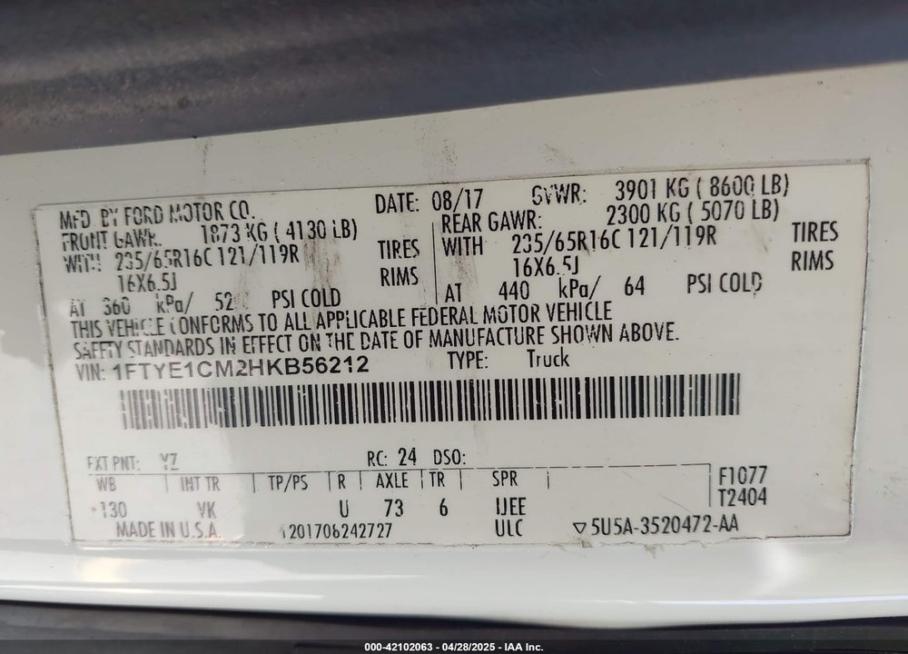 2017 FORD TRANSIT-150 VIN: 1FTYE1CM2HKB56212