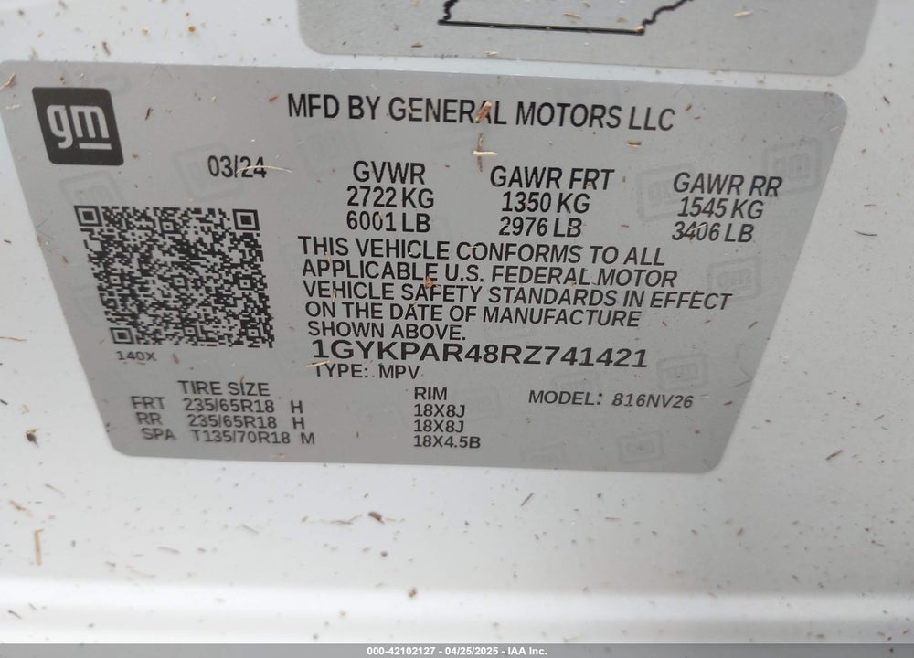 2024 CADILLAC XT6 FWD LUXURY VIN: 1GYKPAR48RZ741421