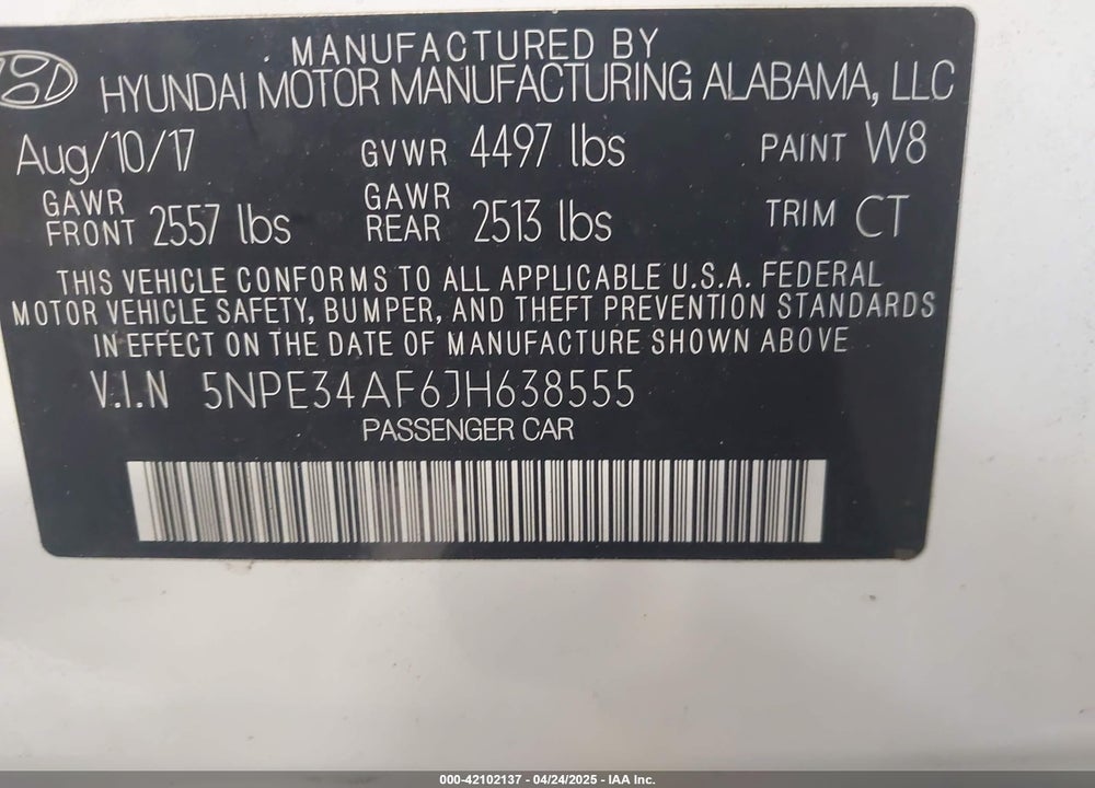 2018 HYUNDAI SONATA VIN: 5NPE34AF6JH638555