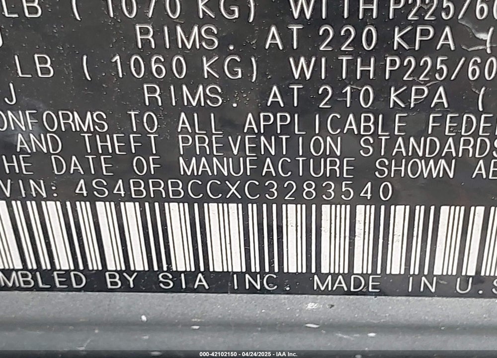 2012 SUBARU OUTBACK VIN: 4S4BRBCCXC3283540